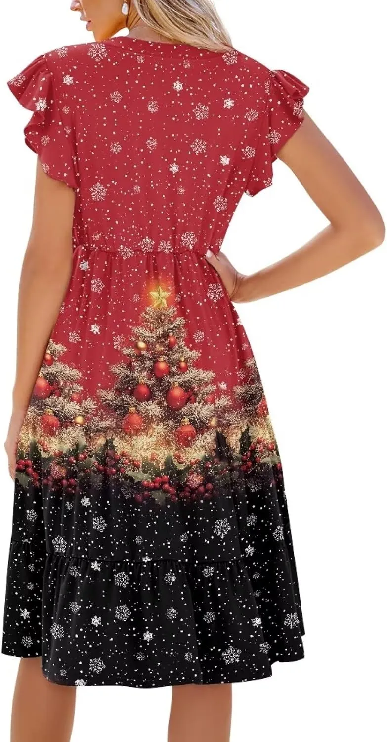 Women's Elegant Flowy Dress Casual Floral Sundress V-Neck Short Sleeve Dresses A-Lined Tiered Midi Dresses