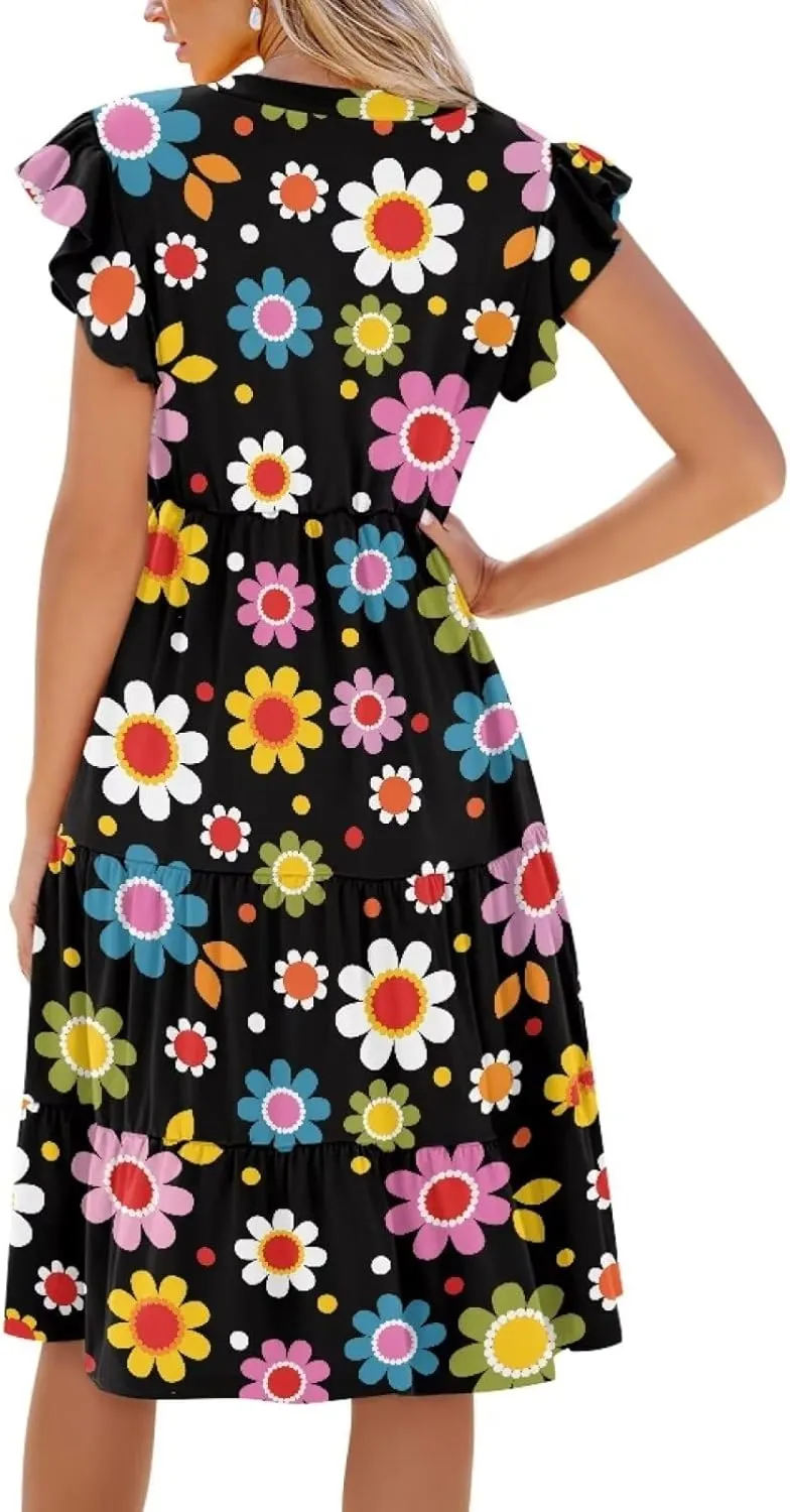 Women's Elegant Flowy Dress Casual Floral Sundress V-Neck Short Sleeve Dresses A-Lined Tiered Midi Dresses
