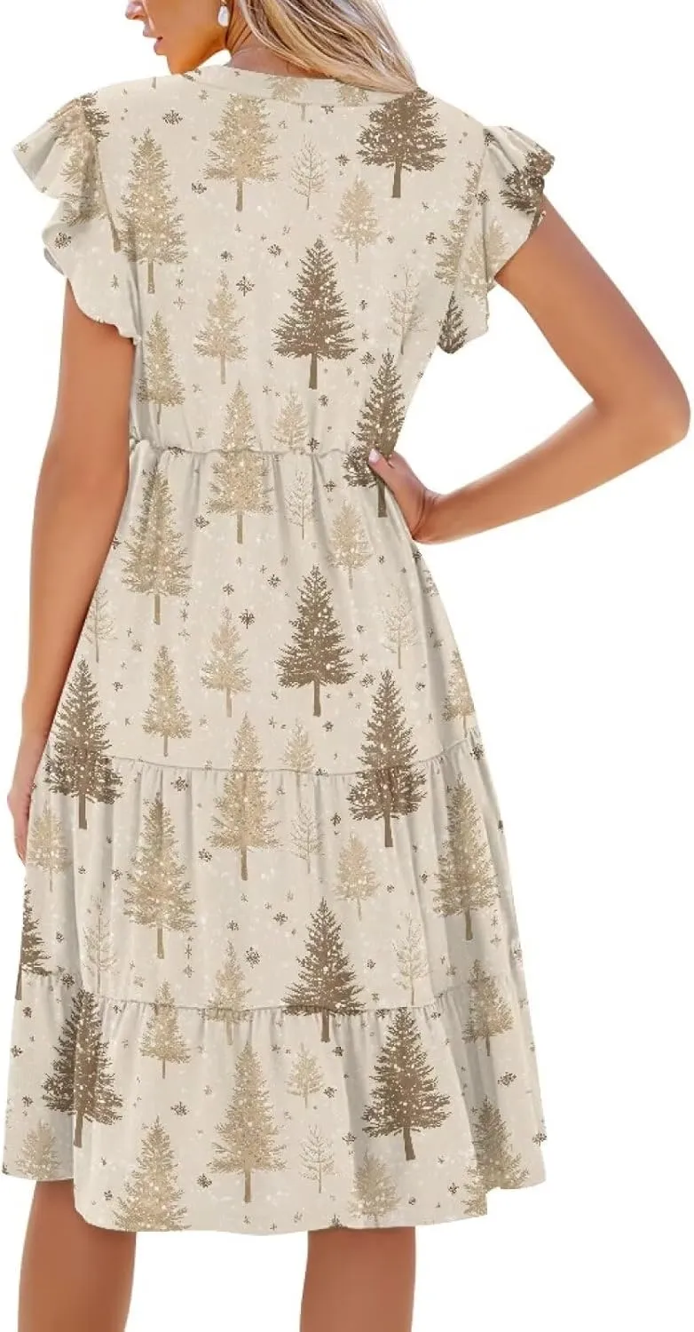 Women's Elegant Flowy Dress Casual Floral Sundress V-Neck Short Sleeve Dresses A-Lined Tiered Midi Dresses