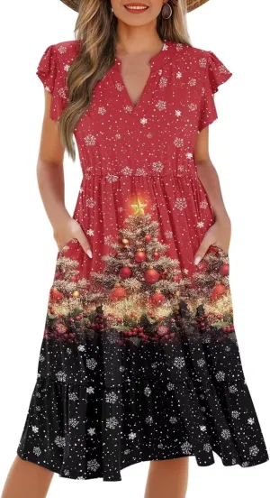 Women's Elegant Flowy Dress Casual Floral Sundress V-Neck Short Sleeve Dresses A-Lined Tiered Midi Dresses
