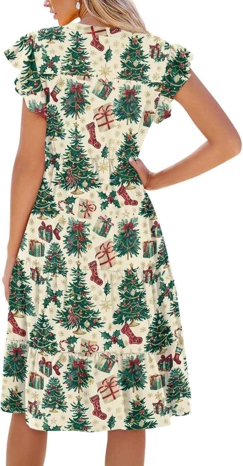 Women's Elegant Flowy Dress Casual Floral Sundress V-Neck Short Sleeve Dresses A-Lined Tiered Midi Dresses