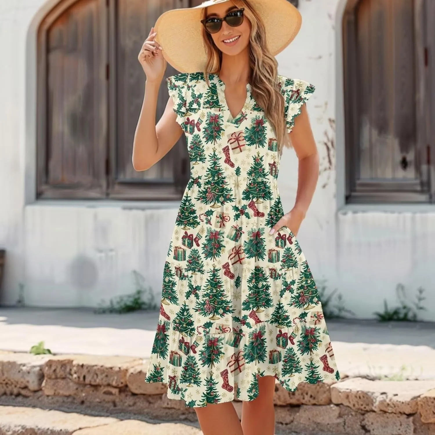 Women's Elegant Flowy Dress Casual Floral Sundress V-Neck Short Sleeve Dresses A-Lined Tiered Midi Dresses