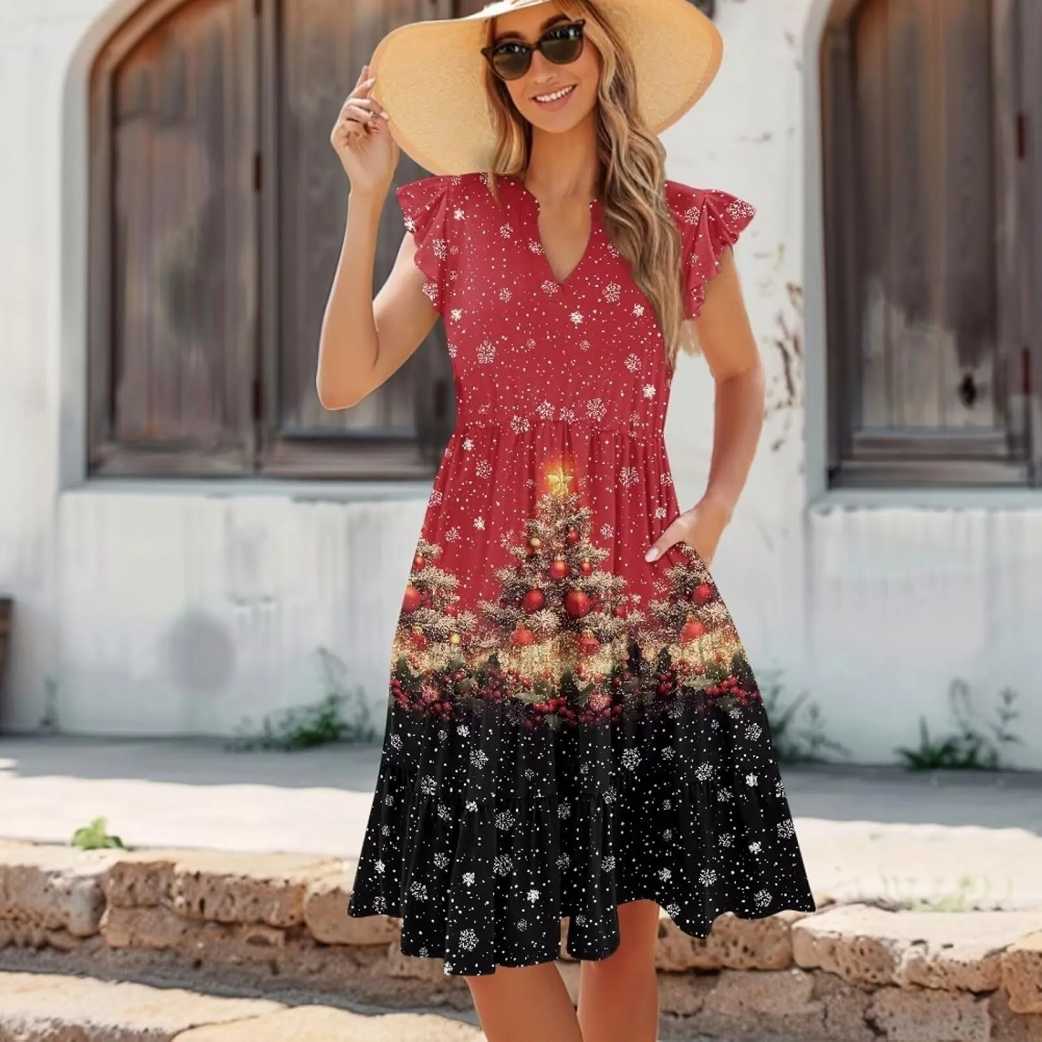 Women's Elegant Flowy Dress Casual Floral Sundress V-Neck Short Sleeve Dresses A-Lined Tiered Midi Dresses