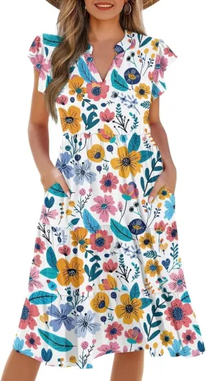 Women's Elegant Flowy Dress Casual Floral Sundress V-Neck Short Sleeve Dresses A-Lined Tiered Midi Dresses