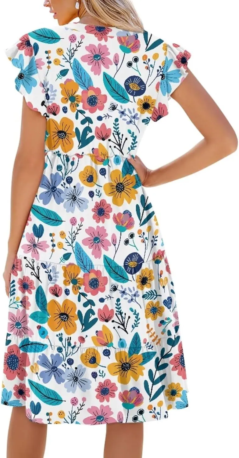 Women's Elegant Flowy Dress Casual Floral Sundress V-Neck Short Sleeve Dresses A-Lined Tiered Midi Dresses