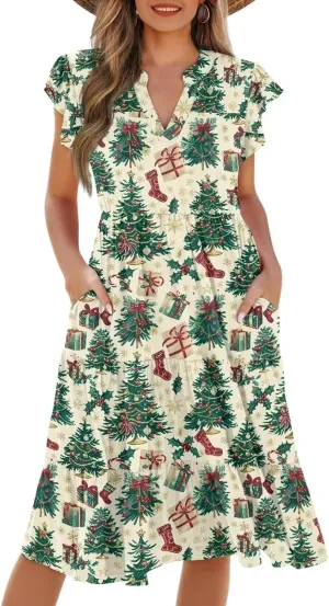 Women's Elegant Flowy Dress Casual Floral Sundress V-Neck Short Sleeve Dresses A-Lined Tiered Midi Dresses