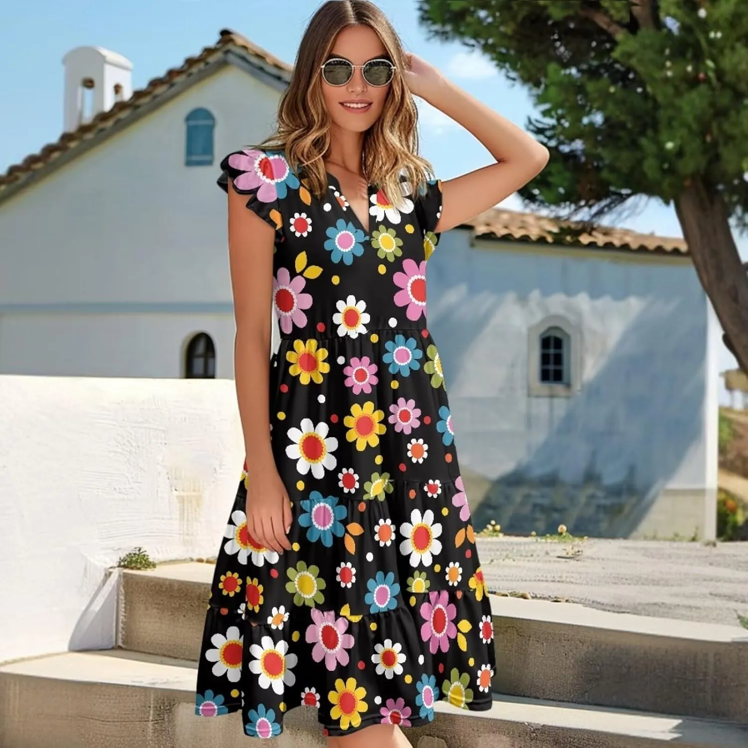 Women's Elegant Flowy Dress Casual Floral Sundress V-Neck Short Sleeve Dresses A-Lined Tiered Midi Dresses