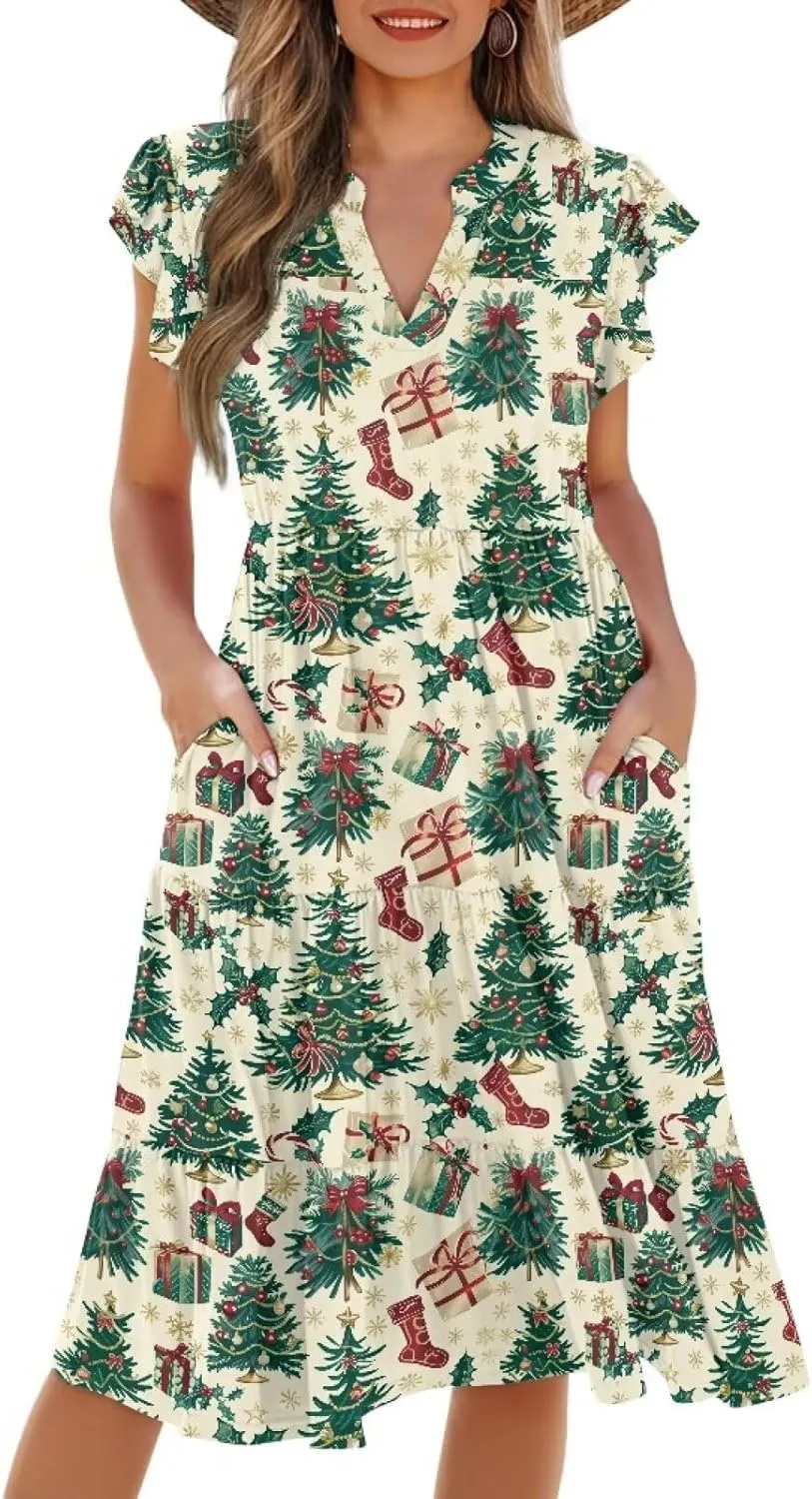 Women's Elegant Flowy Dress Casual Floral Sundress V-Neck Short Sleeve Dresses A-Lined Tiered Midi Dresses