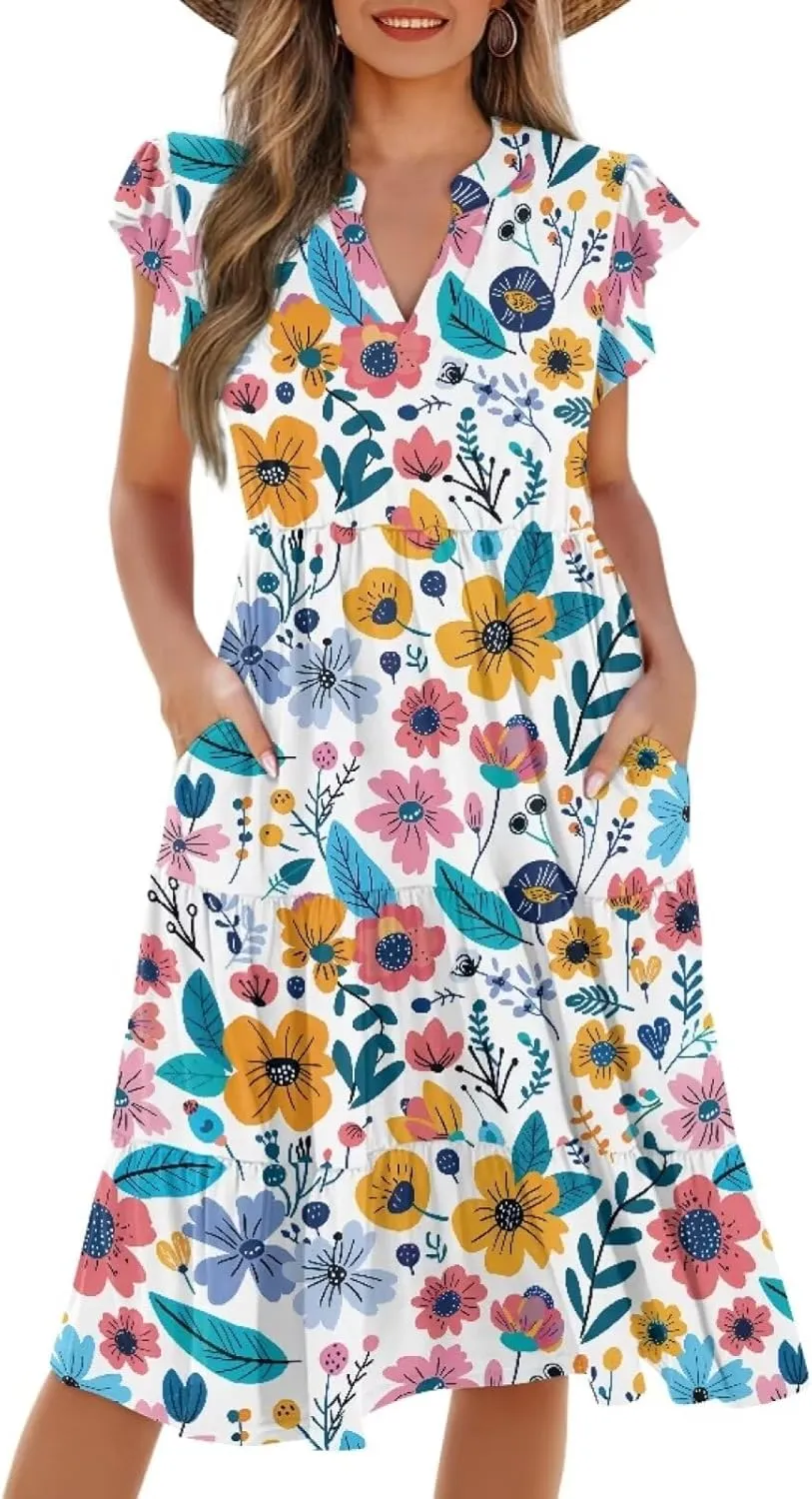 Women's Elegant Flowy Dress Casual Floral Sundress V-Neck Short Sleeve Dresses A-Lined Tiered Midi Dresses