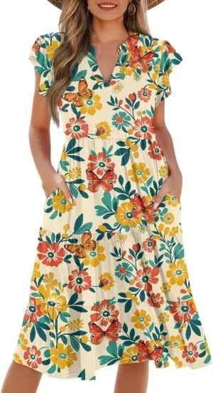Women's Elegant Flowy Dress Casual Floral Sundress V-Neck Short Sleeve Dresses A-Lined Tiered Midi Dresses