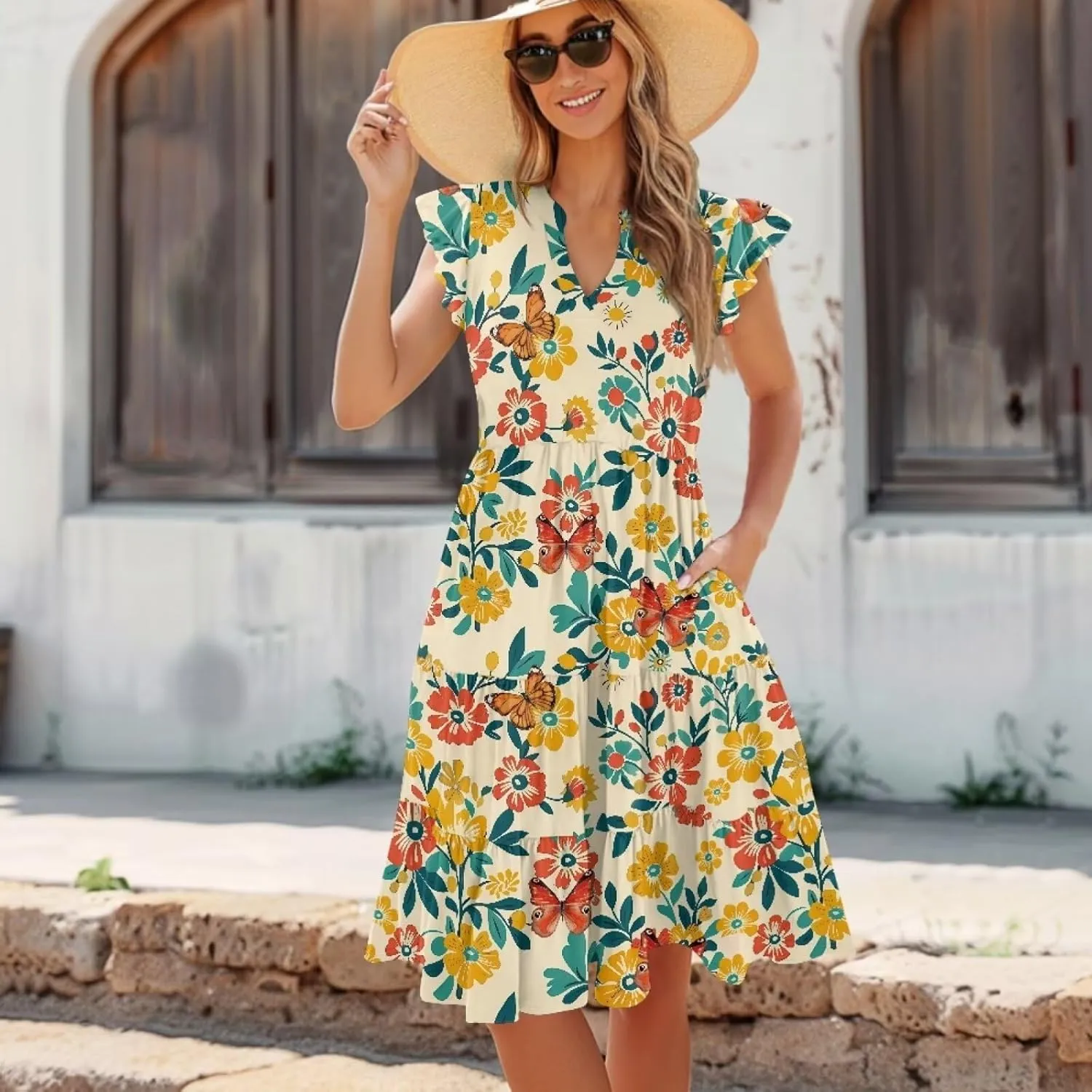 Women's Elegant Flowy Dress Casual Floral Sundress V-Neck Short Sleeve Dresses A-Lined Tiered Midi Dresses