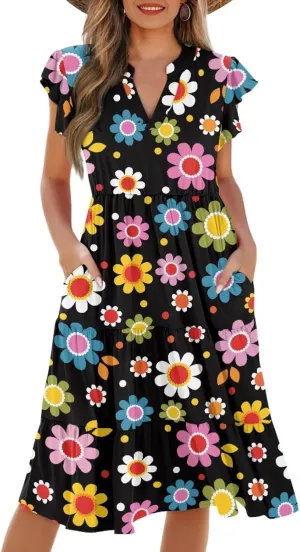 Women's Elegant Flowy Dress Casual Floral Sundress V-Neck Short Sleeve Dresses A-Lined Tiered Midi Dresses