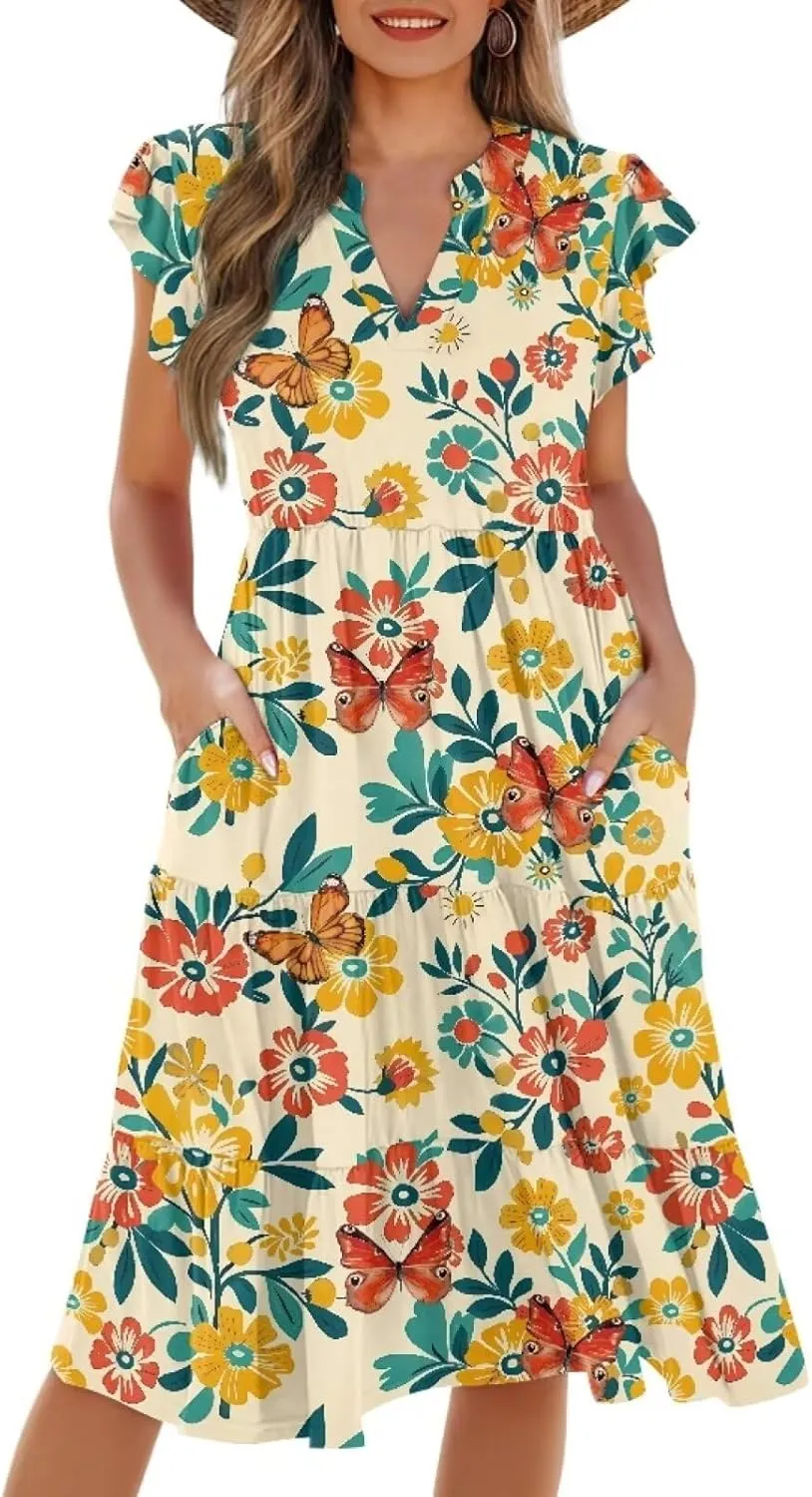 Women's Elegant Flowy Dress Casual Floral Sundress V-Neck Short Sleeve Dresses A-Lined Tiered Midi Dresses