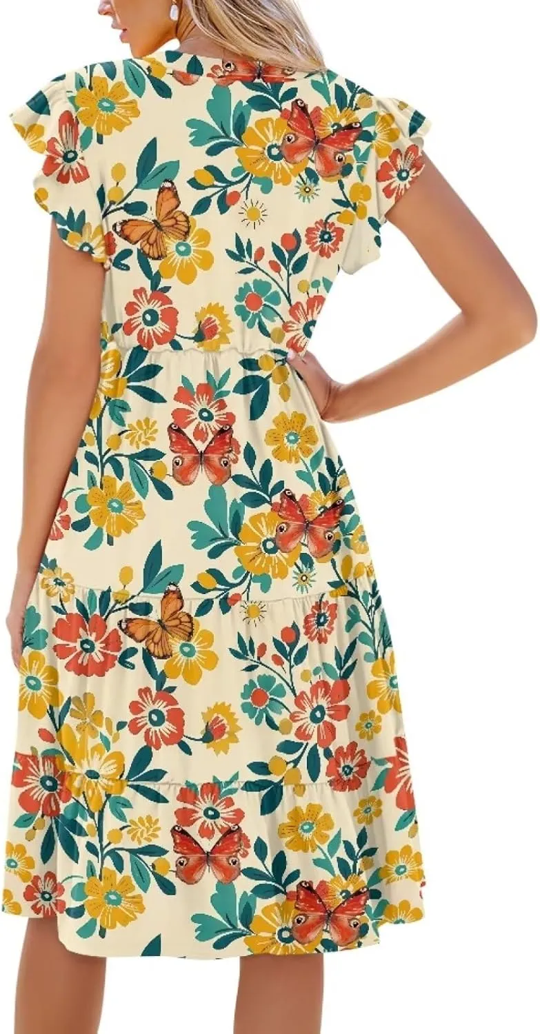 Women's Elegant Flowy Dress Casual Floral Sundress V-Neck Short Sleeve Dresses A-Lined Tiered Midi Dresses