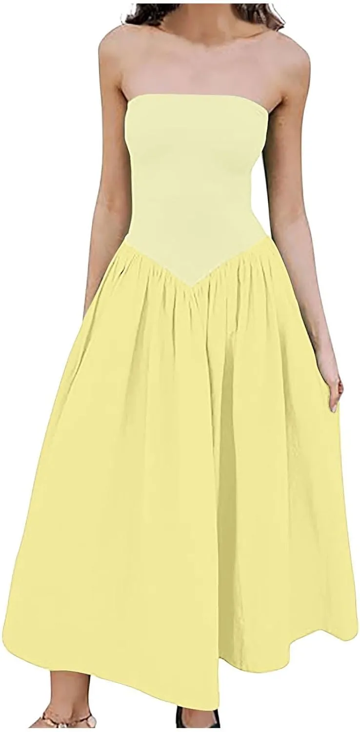 Women's Fashion 2025 Summer Elegant Strapless Tube Dress Sexy Off Shoulder Pleated Flowy Swing Mini Long Dresses