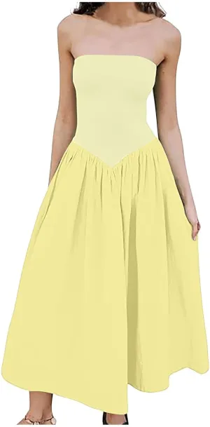 Women's Fashion 2025 Summer Elegant Strapless Tube Dress Sexy Off Shoulder Pleated Flowy Swing Mini Long Dresses