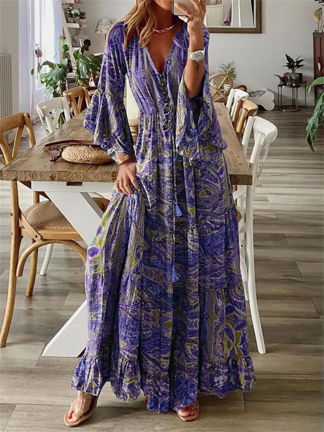 Womens Floral Boho Maxi Dress Deep V Neck Bell Sleeve Ethnic Loose Beach Cocktail Party Evening Long Dresses Plus Size