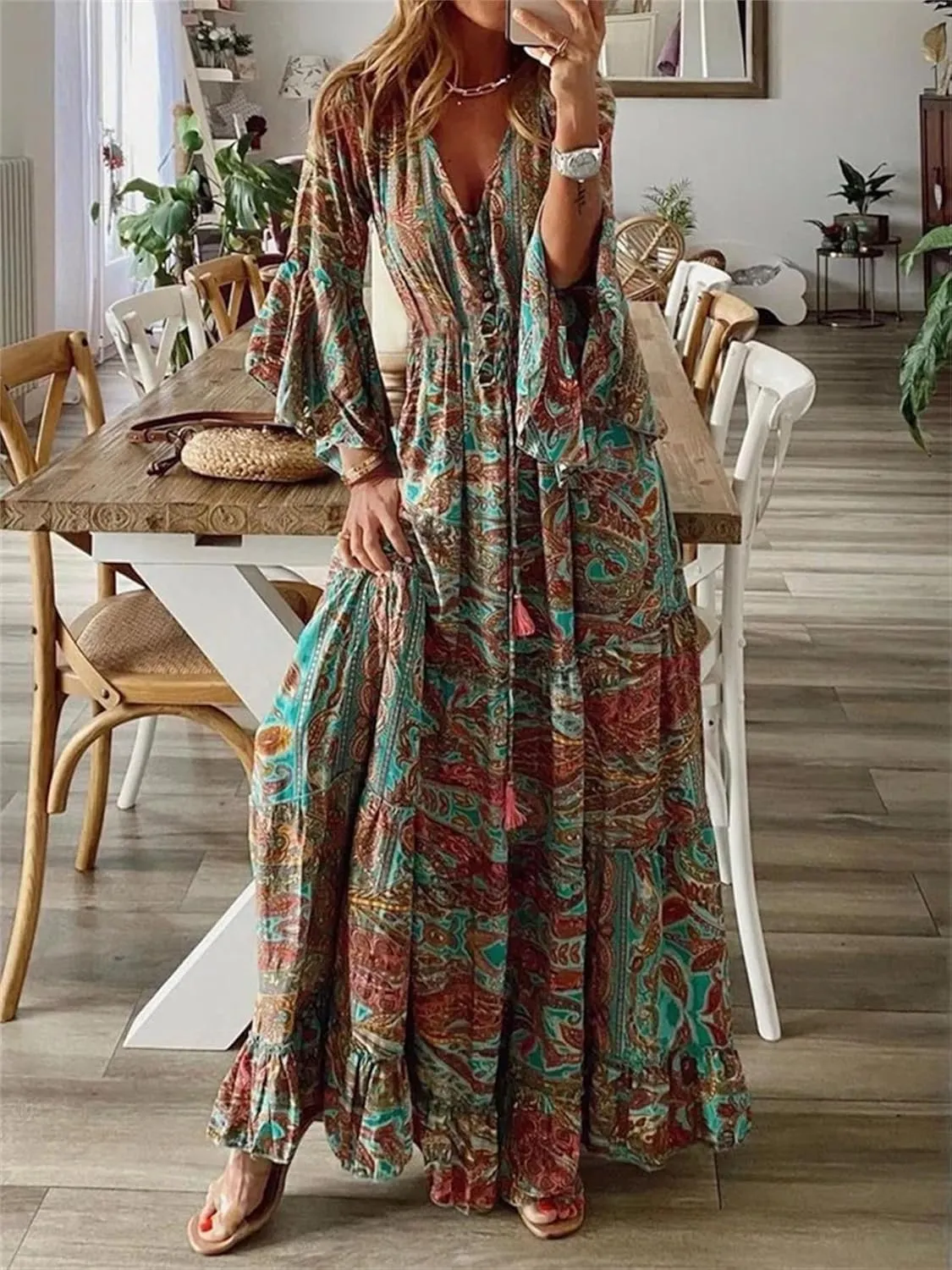 Womens Floral Boho Maxi Dress Deep V Neck Bell Sleeve Ethnic Loose Beach Cocktail Party Evening Long Dresses Plus Size