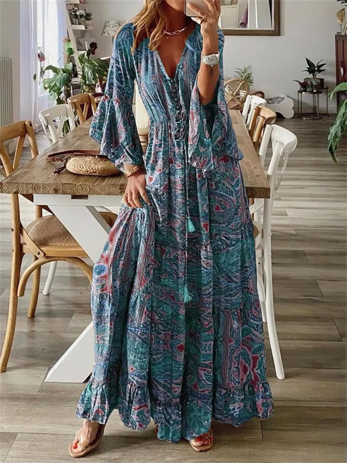 Womens Floral Boho Maxi Dress Deep V Neck Bell Sleeve Ethnic Loose Beach Cocktail Party Evening Long Dresses Plus Size