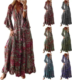 Womens Floral Boho Maxi Dress Deep V Neck Bell Sleeve Ethnic Loose Beach Cocktail Party Evening Long Dresses Plus Size