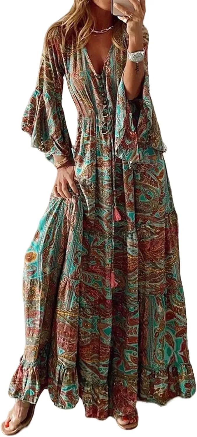 Womens Floral Boho Maxi Dress Deep V Neck Bell Sleeve Ethnic Loose Beach Cocktail Party Evening Long Dresses Plus Size