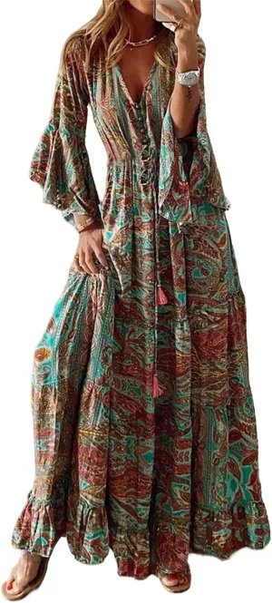 Womens Floral Boho Maxi Dress Deep V Neck Bell Sleeve Ethnic Loose Beach Cocktail Party Evening Long Dresses Plus Size