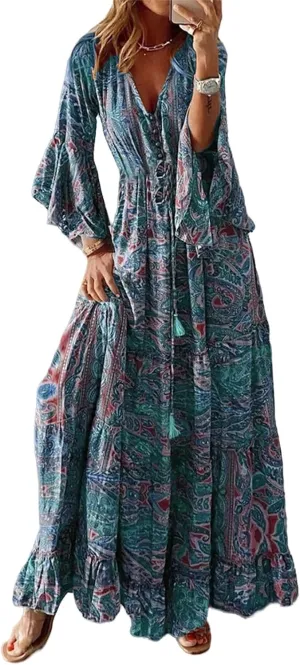 Womens Floral Boho Maxi Dress Deep V Neck Bell Sleeve Ethnic Loose Beach Cocktail Party Evening Long Dresses Plus Size