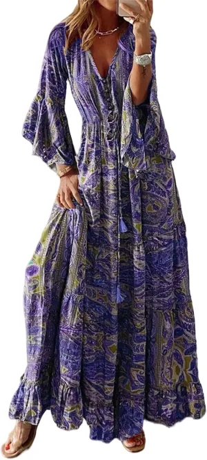 Womens Floral Boho Maxi Dress Deep V Neck Bell Sleeve Ethnic Loose Beach Cocktail Party Evening Long Dresses Plus Size