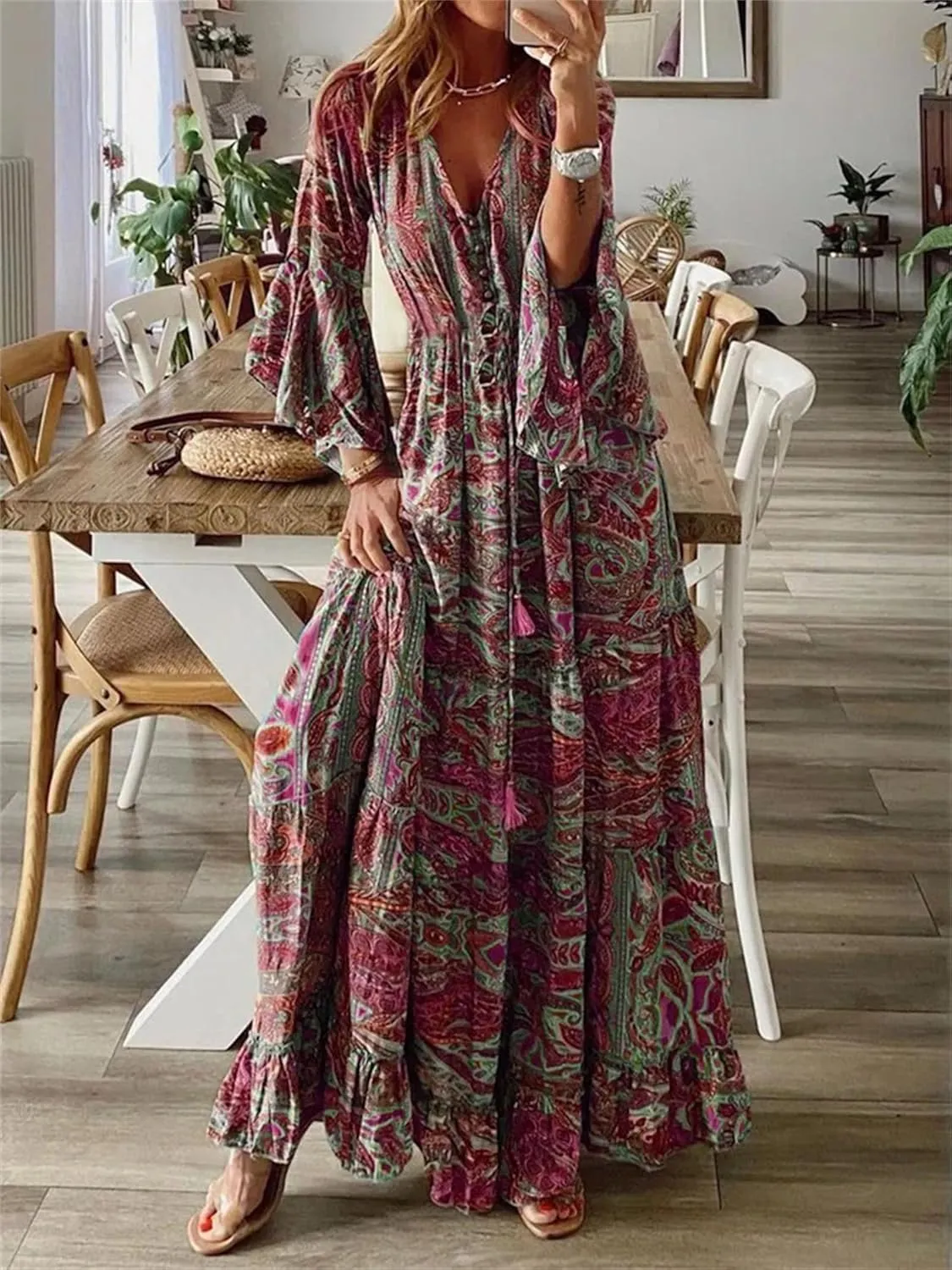 Womens Floral Boho Maxi Dress Deep V Neck Bell Sleeve Ethnic Loose Beach Cocktail Party Evening Long Dresses Plus Size