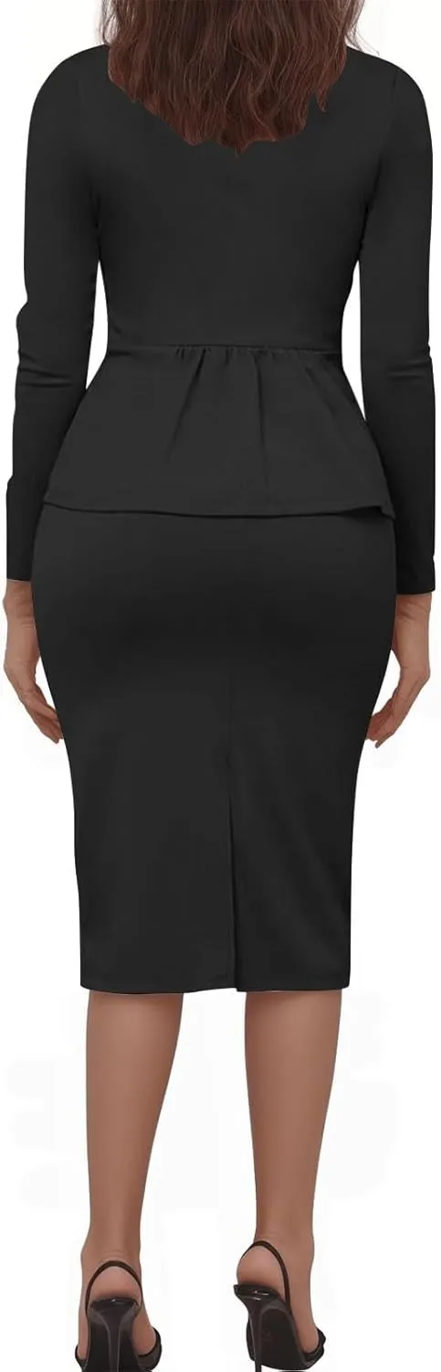 Women's Formal Dress Business Suit 2 Piece Long Sleeve Blazer Midi Skirt Suit Set Office Work Slim Fit Jacket Outfits