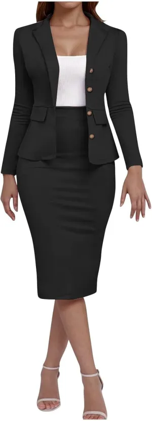 Women's Formal Dress Business Suit 2 Piece Long Sleeve Blazer Midi Skirt Suit Set Office Work Slim Fit Jacket Outfits