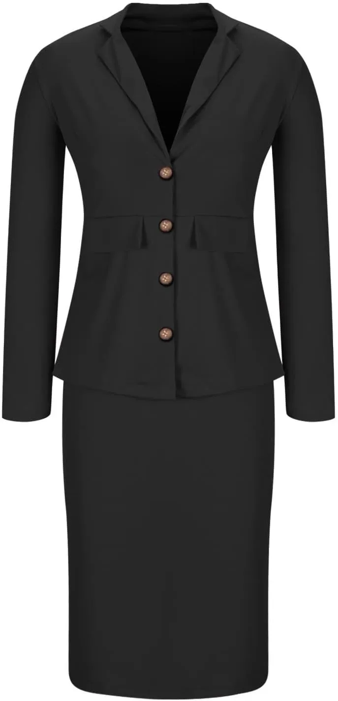 Women's Formal Dress Business Suit 2 Piece Long Sleeve Blazer Midi Skirt Suit Set Office Work Slim Fit Jacket Outfits