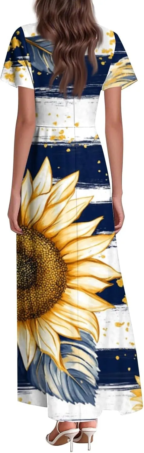 Women's Fourth of July Dress Summer Casual Fashion Independence Day Printed Outfits V-Neck Short Sleeve Dresses