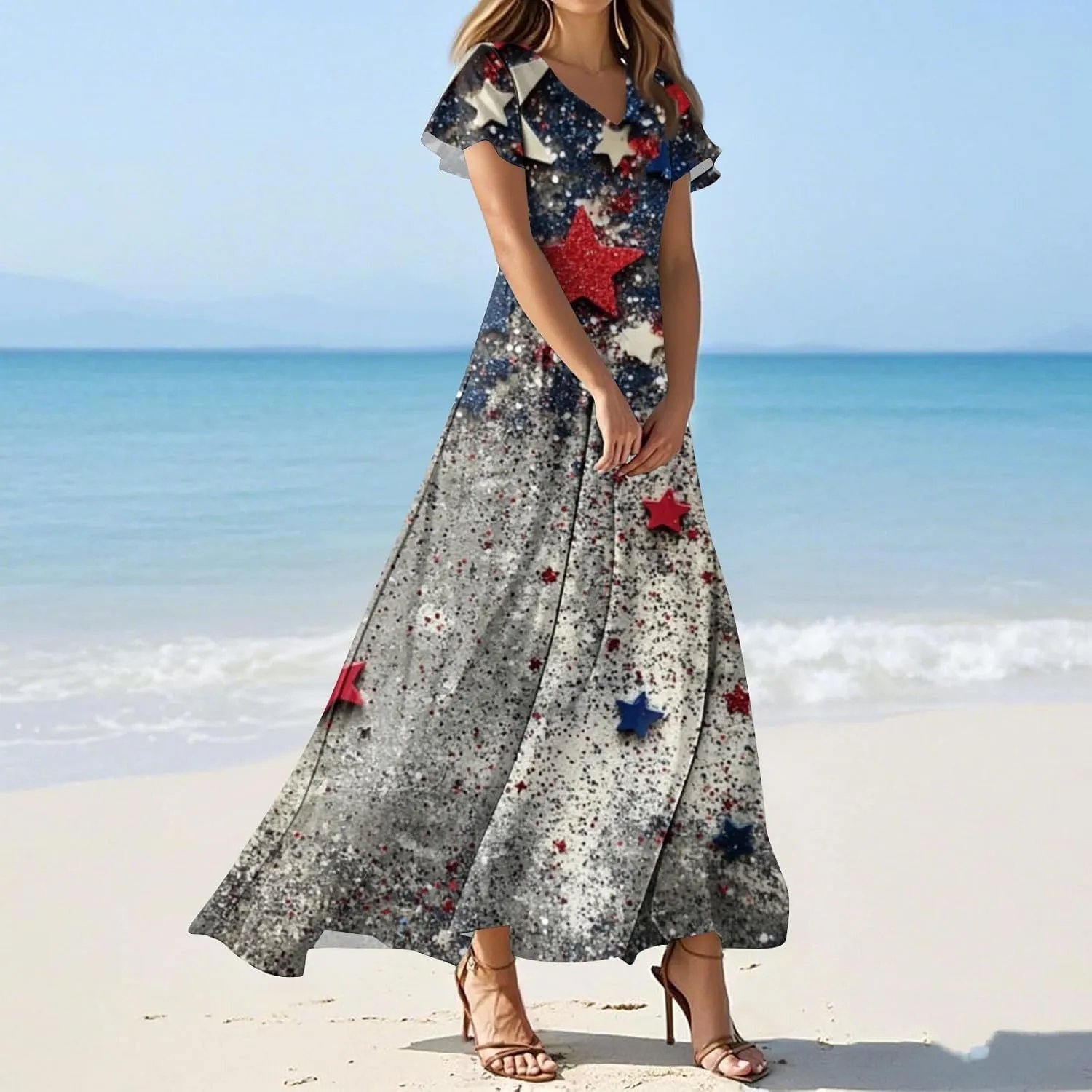 Women's Fourth of July Dress Summer Casual Fashion Independence Day Printed Outfits V-Neck Short Sleeve Dresses
