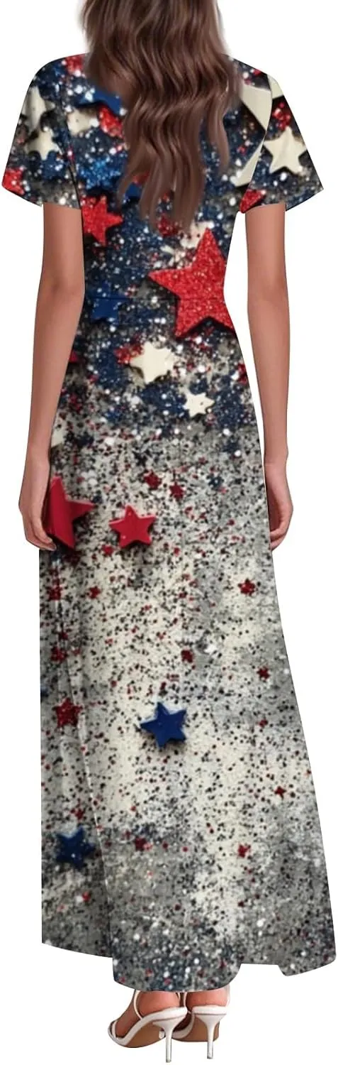Women's Fourth of July Dress Summer Casual Fashion Independence Day Printed Outfits V-Neck Short Sleeve Dresses