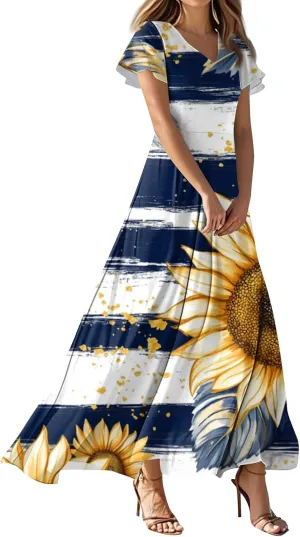 Women's Fourth of July Dress Summer Casual Fashion Independence Day Printed Outfits V-Neck Short Sleeve Dresses