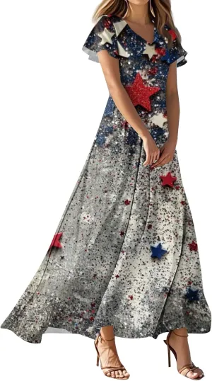 Women's Fourth of July Dress Summer Casual Fashion Independence Day Printed Outfits V-Neck Short Sleeve Dresses