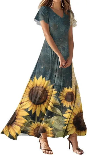 Women's Fourth of July Dress Summer Casual Fashion Independence Day Printed Outfits V-Neck Short Sleeve Dresses