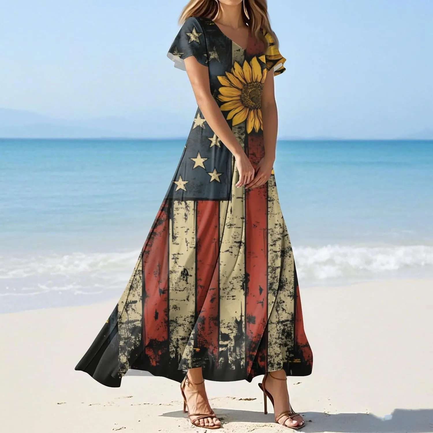 Women's Fourth of July Dress Summer Casual Fashion Independence Day Printed Outfits V-Neck Short Sleeve Dresses