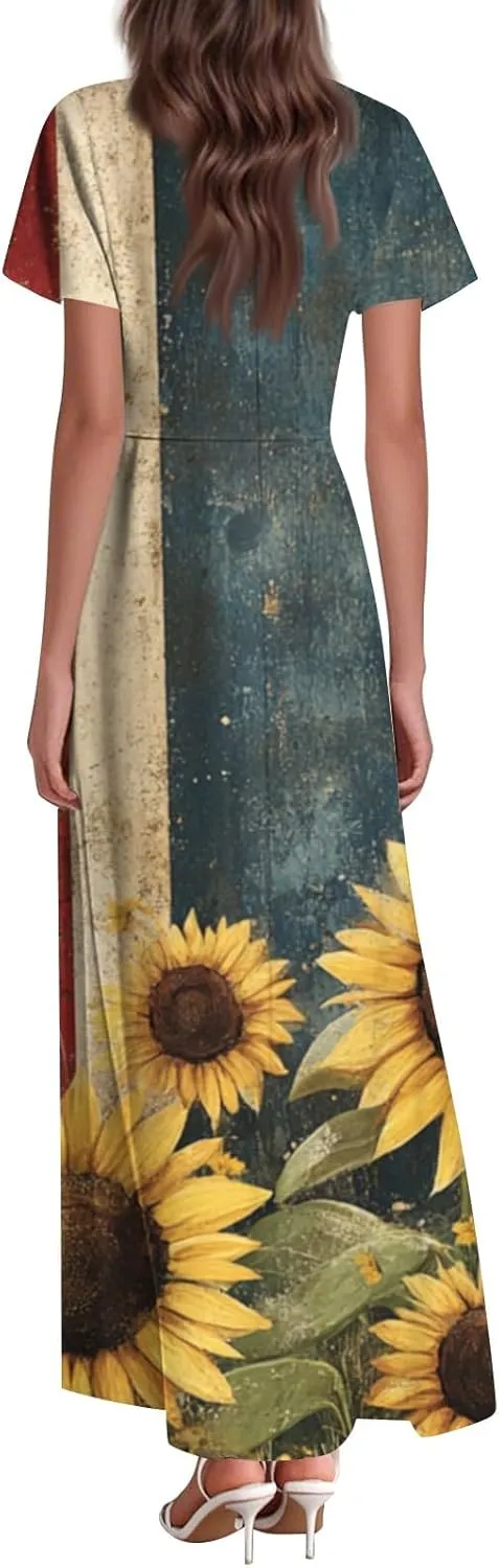 Women's Fourth of July Dress Summer Casual Fashion Independence Day Printed Outfits V-Neck Short Sleeve Dresses