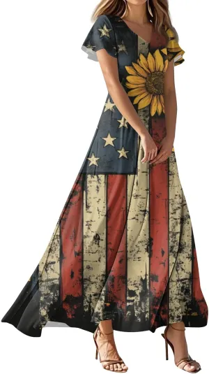Women's Fourth of July Dress Summer Casual Fashion Independence Day Printed Outfits V-Neck Short Sleeve Dresses