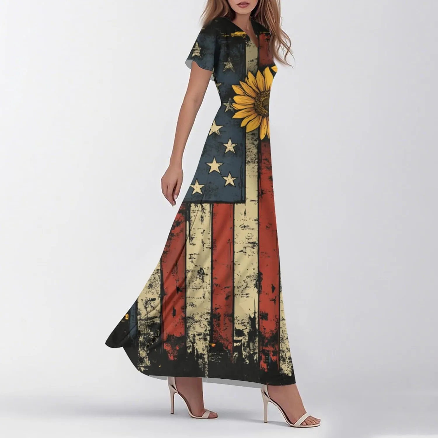 Women's Fourth of July Dress Summer Casual Fashion Independence Day Printed Outfits V-Neck Short Sleeve Dresses