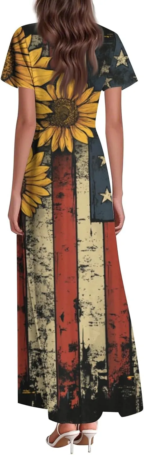 Women's Fourth of July Dress Summer Casual Fashion Independence Day Printed Outfits V-Neck Short Sleeve Dresses