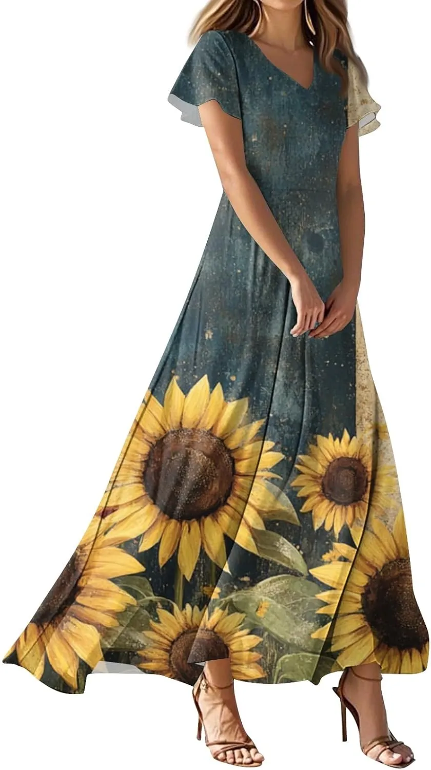 Women's Fourth of July Dress Summer Casual Fashion Independence Day Printed Outfits V-Neck Short Sleeve Dresses