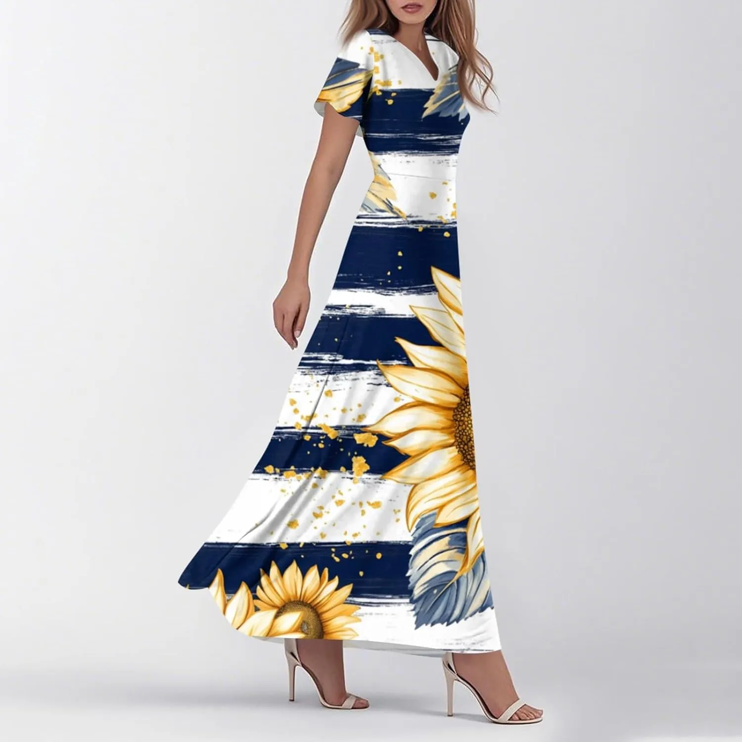 Women's Fourth of July Dress Summer Casual Fashion Independence Day Printed Outfits V-Neck Short Sleeve Dresses