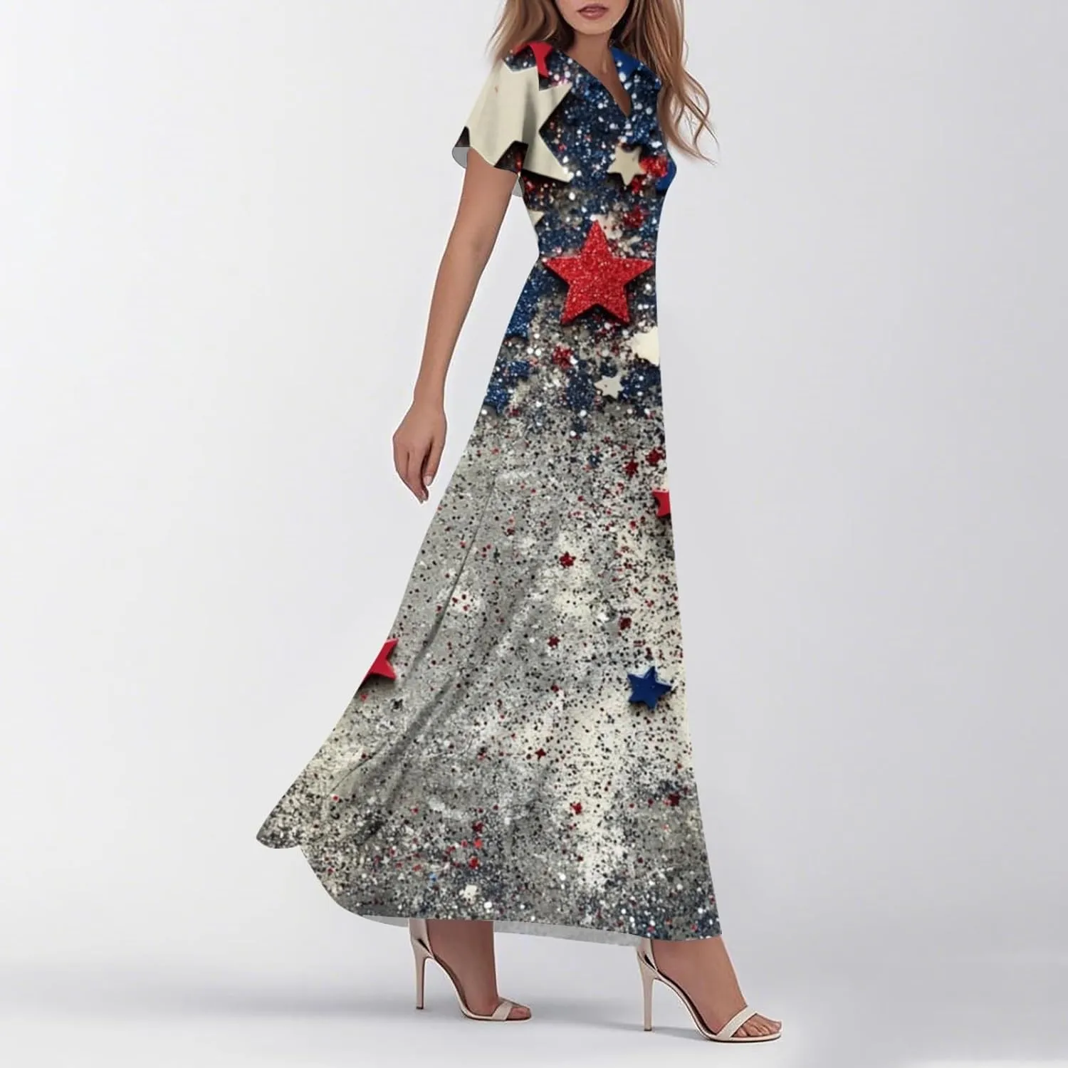 Women's Fourth of July Dress Summer Casual Fashion Independence Day Printed Outfits V-Neck Short Sleeve Dresses
