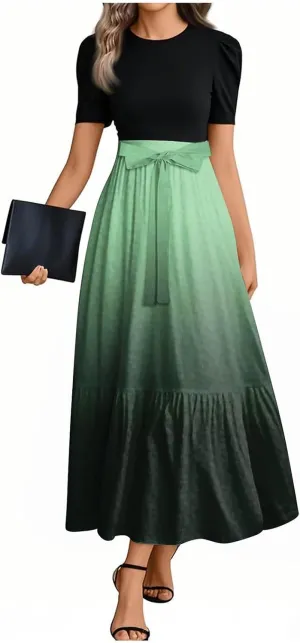 Womens Gradient Dress Spring Short Sleeve Comfy Tie Waist Crewneck Fashion Holiday Belted Long Dress
