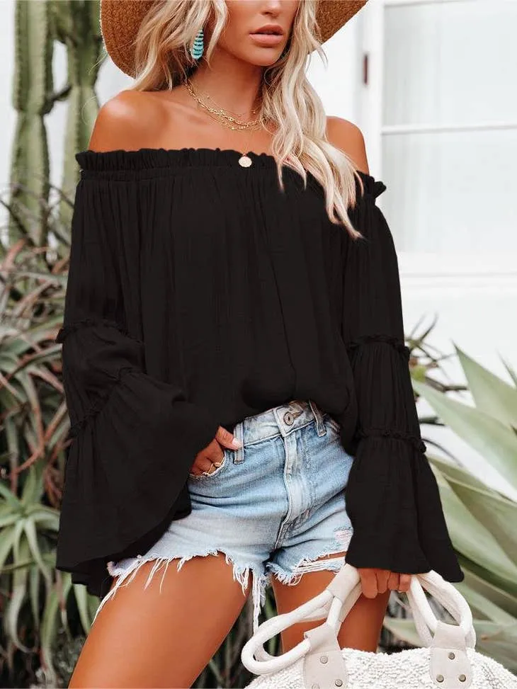 Women's Hiddenbrand Off The Shoulder Long Bell Sleeve Casual Loose Blouse