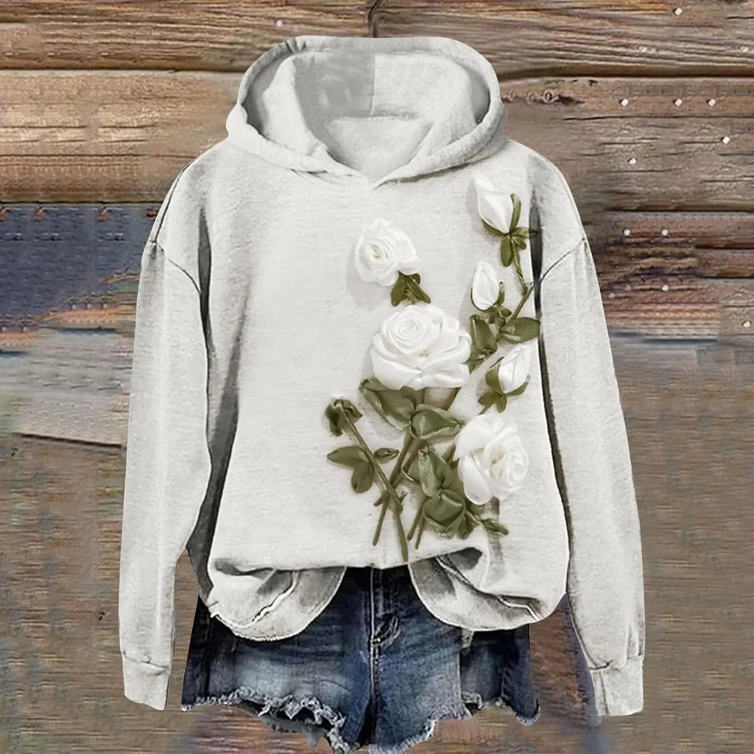 Women's Lace Floral Hoodie Oversized Pullover Sweatshirt Flowers Fleece Hoodie Cozy Lounge Winter Warm Hooded Top