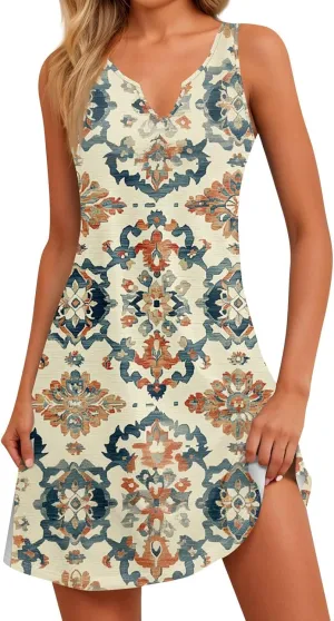 Women's Lightweight Sleeveless 2025 Dress Elegant V-Neck Casual Floral Print Dressy A-Line Sundress Beach Slim Dresses